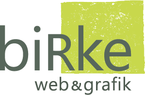 birke-webdesign-grafik-freiburg-bollschweil-überregional: Wort-Bild-Logo, Schriftzug: birke web & grafik vor grünem Rechteck mit unregelmäßigem Rand